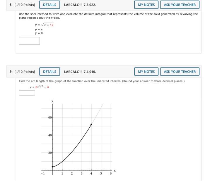 8 10 Points Details Larcalc11 7 3 022 Use The Shell Method To Write And Evaluate The Definite Integral That Repres 1