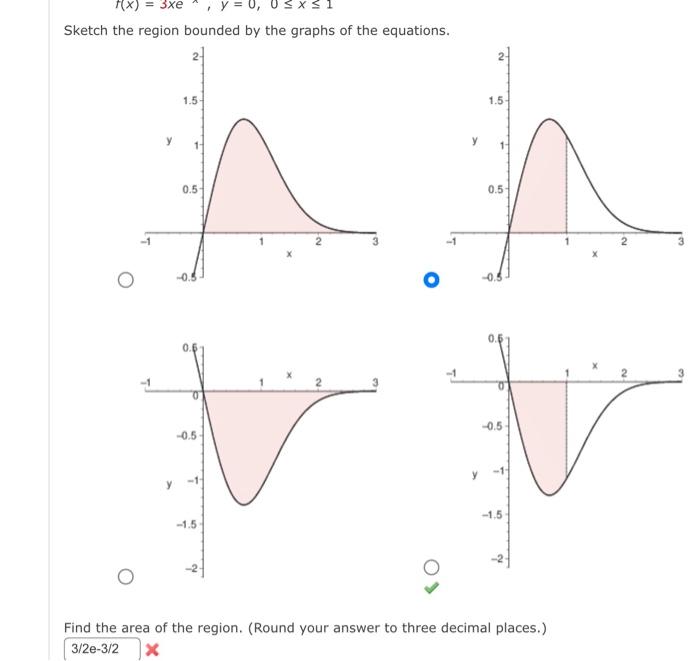 F X 3xe Y 0 0 X 1 Sketch The Region Bounded By The Graphs Of The Equations 1 5 Y 0 5 0 5 0 5 N 1 1 5 1 5 1