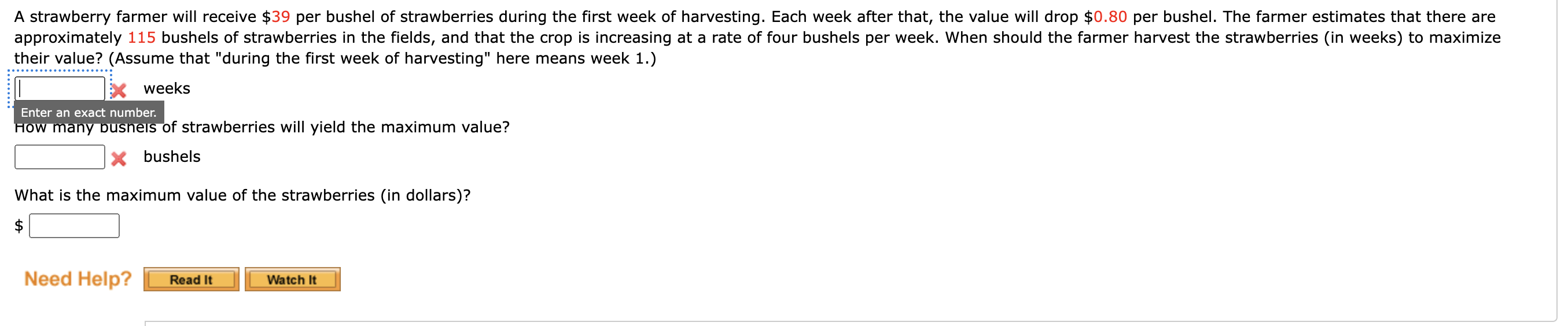 A Strawberry Farmer Will Receive 39 Per Bushel Of Strawberries During The First Week Of Harvesting Each Week After Tha 1