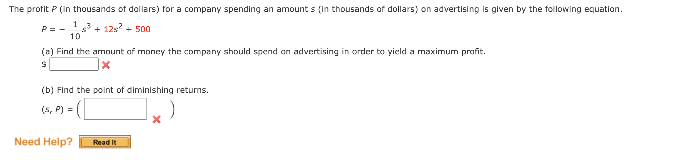The Profit P In Thousands Of Dollars For A Company Spending An Amount S In Thousands Of Dollars On Advertising Is Gi 1