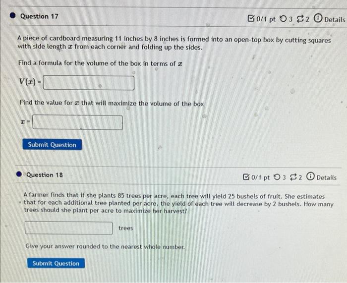 Question 17 A Piece Of Cardboard Measuring 11 Inches By 8 Inches Is Formed Into An Open Top Box By Cutting Squares With 1