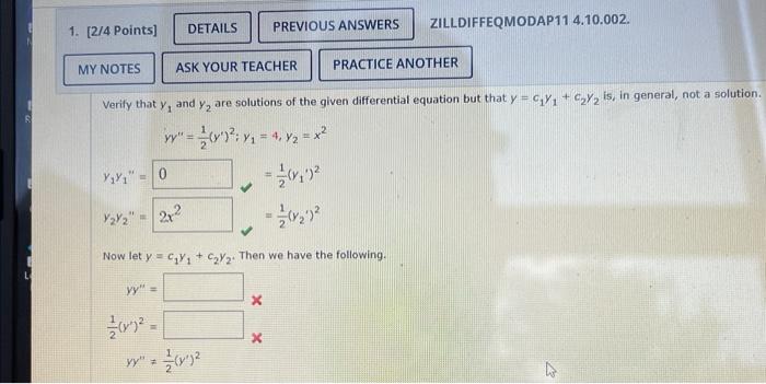 1 2 4 Points My Notes Verify That Y2v 2 Y 0 V Yy 2 2 Details Ask Your Teacher Practice Another And Y Are S 1