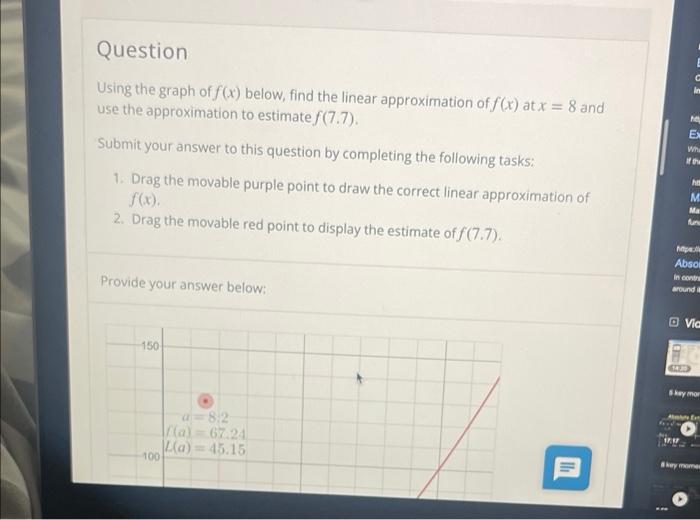 Question Using The Graph Of F X Below Find The Linear Approximation Of F X At X 8 And Use The Approximation To Esti 1