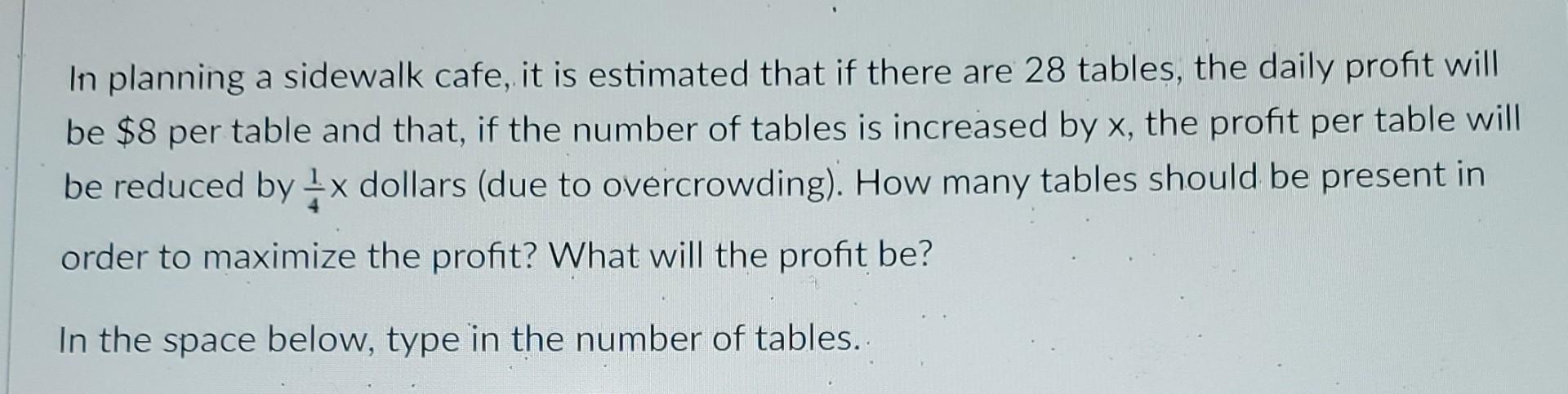 In Planning A Sidewalk Cafe It Is Estimated That If There Are 28 Tables The Daily Profit Will Be 8 Per Table And That 1