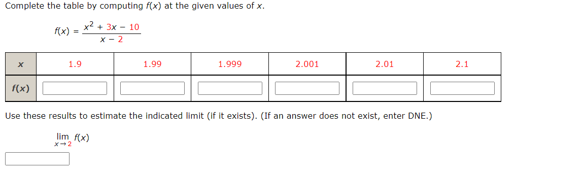 Complete The Table By Computing F X At The Given Values Of X X 3x 10 X 2 X F X F X 1 9 1 99 1 999 2 001 2 01 1
