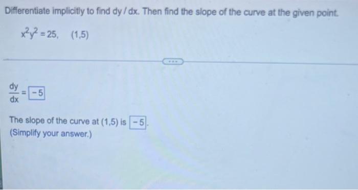 Differentiate Implicitly To Find Dy Dx Then Find The Slope Of The Curve At The Given Point X 25 1 5 Dy 5 The Sl 1