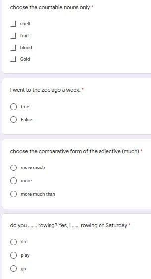 Choose The Countable Nouns Only Shell Fruit Blood Gold I Went To The Zoo Ago A Week True False Choose The Comparative F 1