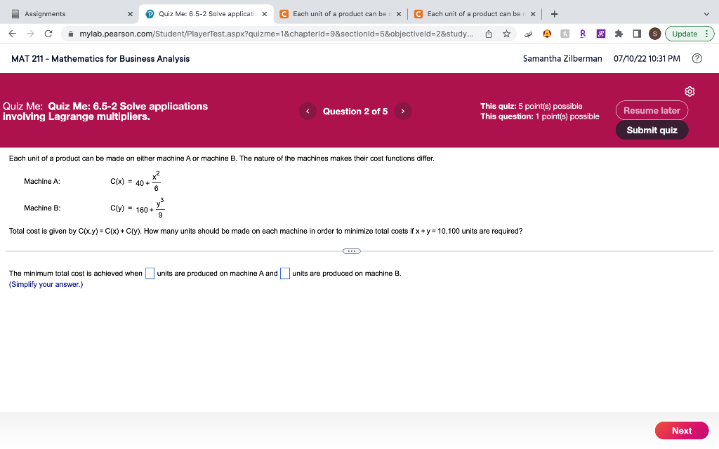 Assignments C Ceach Unit Of A Product Can Be Mylab Pearson Com Student Playertest Aspx Quizme 1 Chapterid 9 Sectionid 1
