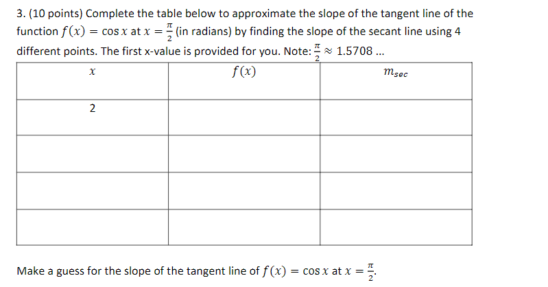 3 10 Points Complete The Table Below To Approximate The Slope Of The Tangent Line Of The Function F X Cos X At X 1