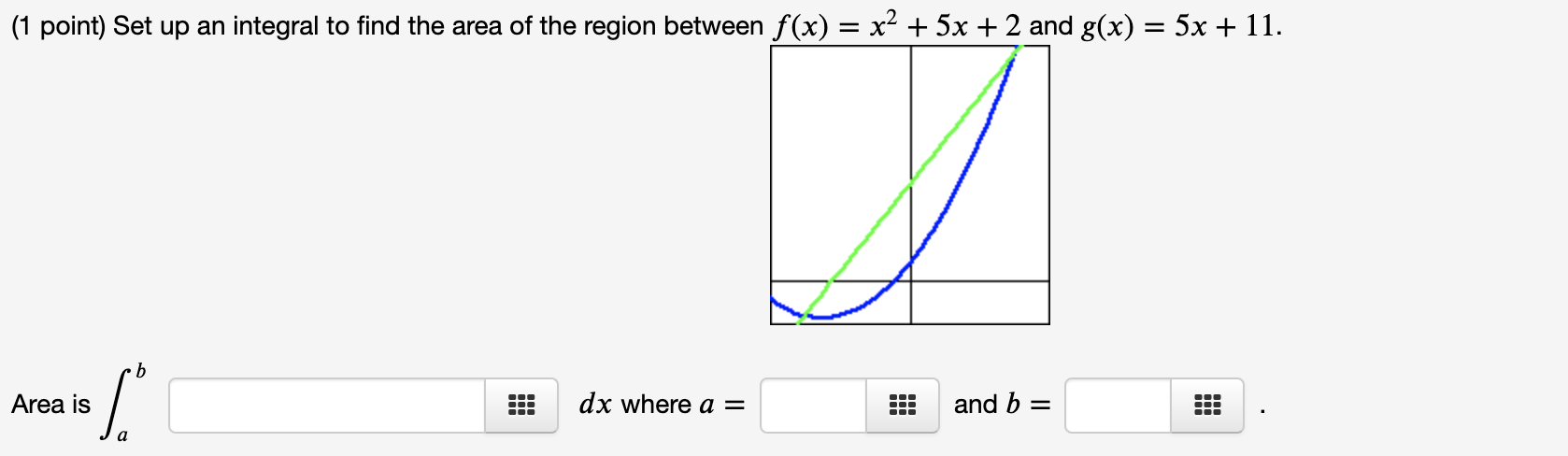 1 Point Set Up An Integral To Find The Area Of The Region Between F X X 5x 2 And G X 5x 11 J Area Is A B 1