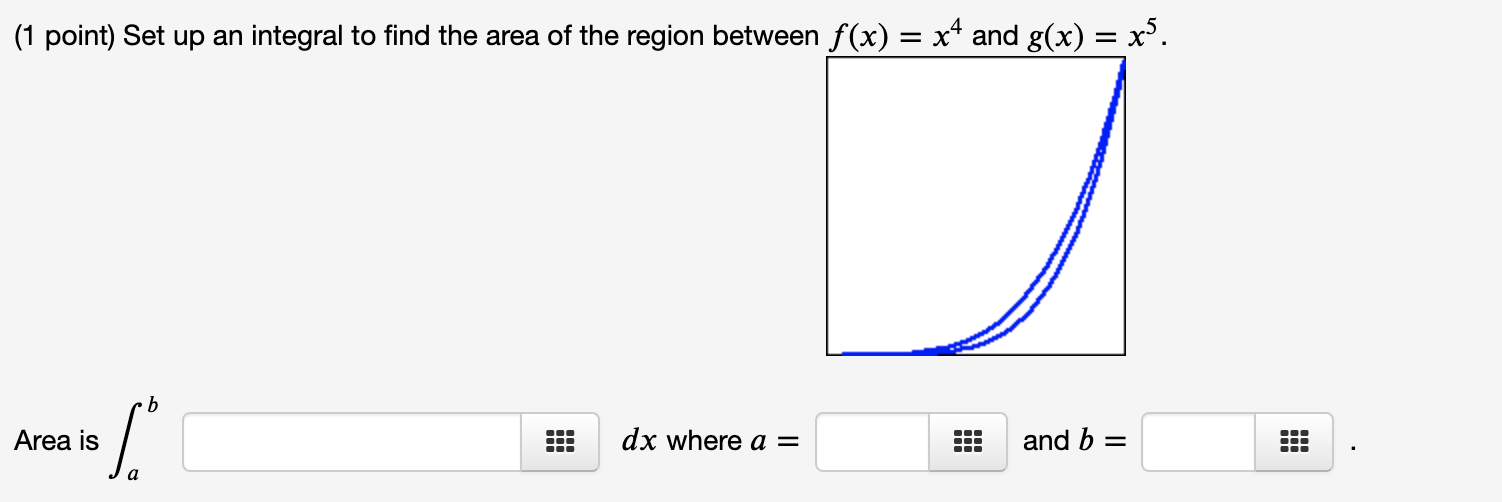 1 Point Set Up An Integral To Find The Area Of The Region Between F X X4 And G X X B S Area Is Dx Where A 1