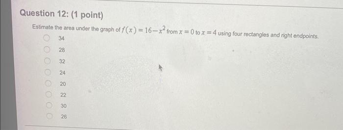 Question 12 1 Point Estimate The Area Under The Graph Of F X 16 From X 0 To X 4 Using Four Rectangles And Righ 1