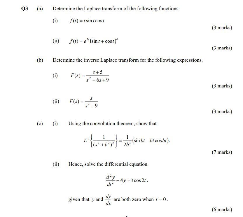 Q3 A B C Determine The Laplace Transform Of The Following Functions I F T Tsint Cost Ii Determine The Inve 1