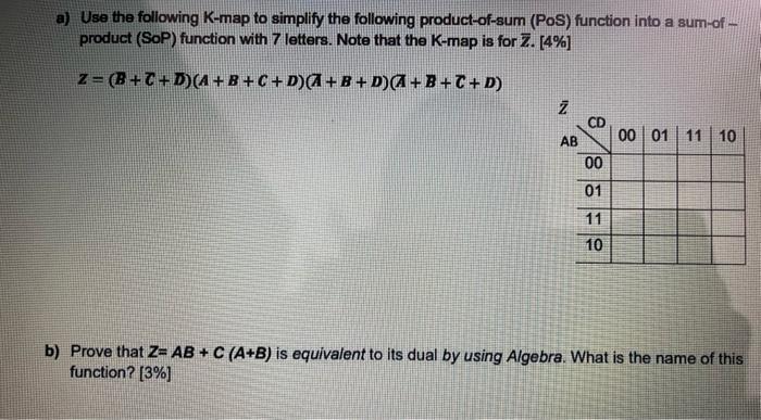 A Use The Following K Map To Simplify The Following Product Of Sum Pos Function Into A Sum Of Product Sop Function 1