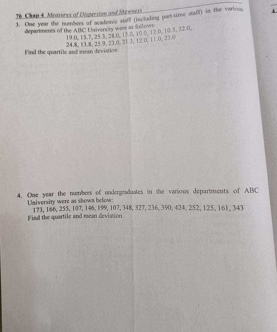76 Chap 4 Measures Of Dispersion And Skewness 3 One Year The Numbers Of Academic Staff Including Part Time Staff In T 1