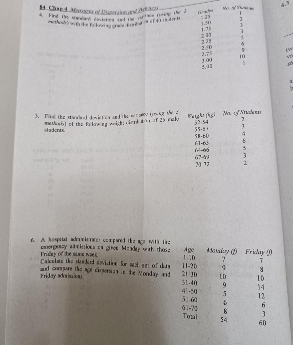 84 Chap 4 Measures Of Dispersion And Skewness 4 Find The Standard Deviation And The Variance Using The 2 Methods With 1