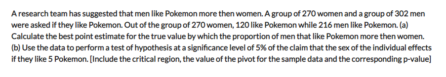 A Research Team Has Suggested That Men Like Pokemon More Then Women A Group Of 270 Women And A Group Of 302 Men Were As 1