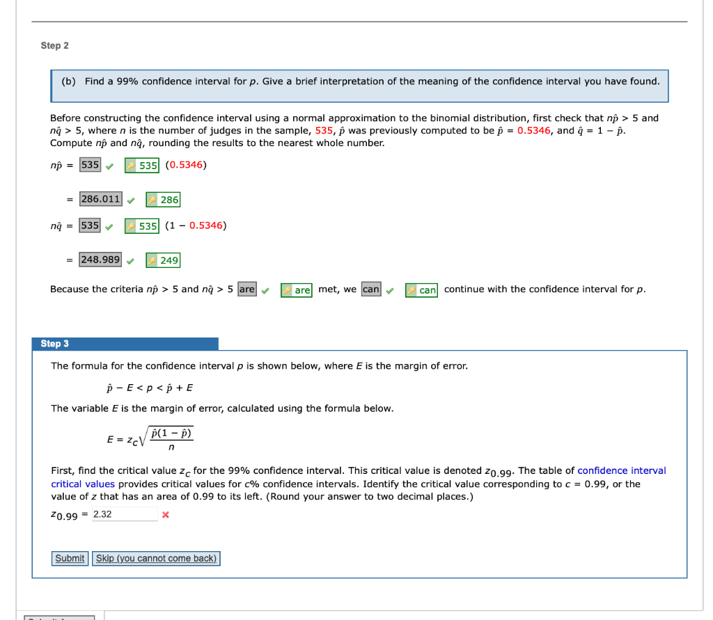 Step 2 B Find A 99 Confidence Interval For P Give A Brief Interpretation Of The Meaning Of The Confidence Interval Y 1