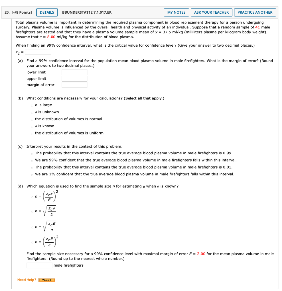 20 8 Points Details Bbunderstat12 7 1 017 Ep Total Plasma Volume Is Important In Determining The Required Plasma C 1