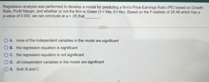 Regression Analysis Was Performed To Develop A Model For Predicting A Firm S Price Earnings Ratio Pe Based On Growth R 1