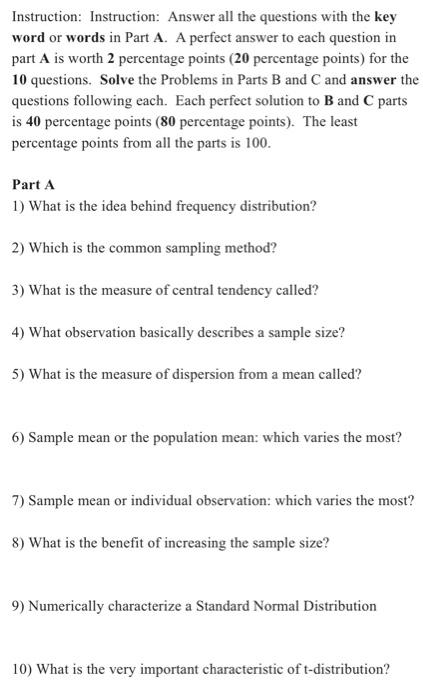 Instruction Instruction Answer All The Questions With The Key Word Or Words In Part A A Perfect Answer To Each Questi 1