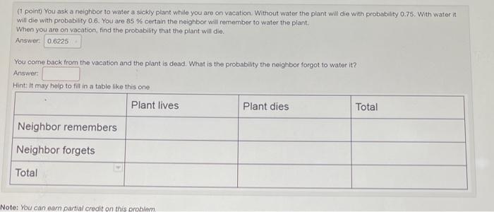 1 Point You Ask A Neighbor To Water A Sickly Plant While You Are On Vacation Without Water The Plant Will Die With Pr 1