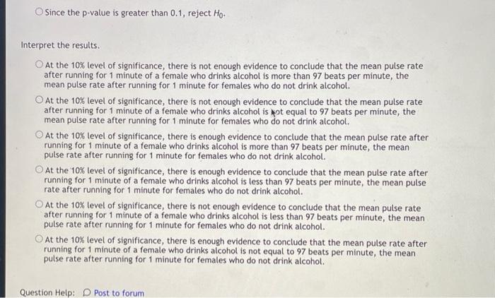 Question 12 The Table Contains Pulse Rates After Running For 1 Minute Collected From Females Who Drink Alcohol The Mea 2