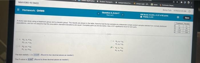 Math1080 90 Sm22 Homework Ohws Cam My Phy P Ociatr H Ppp The Test Statistic 1 The Puss 0 247 Application Student P 1