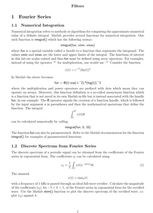 Filters 1 Fourier Series 1 1 Numerical Integration Numerical Integration Refers To Methods Or Algorithms For Computing T 1