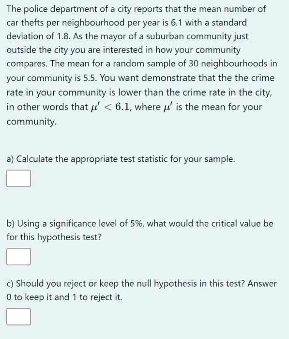 The Police Department Of A City Reports That The Mean Number Of Car Thefts Per Neighbourhood Per Year Is 6 1 With A Stan 1