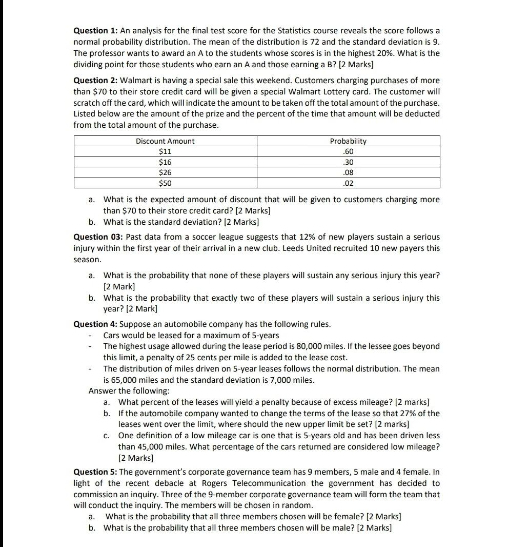 Question 1 An Analysis For The Final Test Score For The Statistics Course Reveals The Score Follows A Normal Probabilit 1