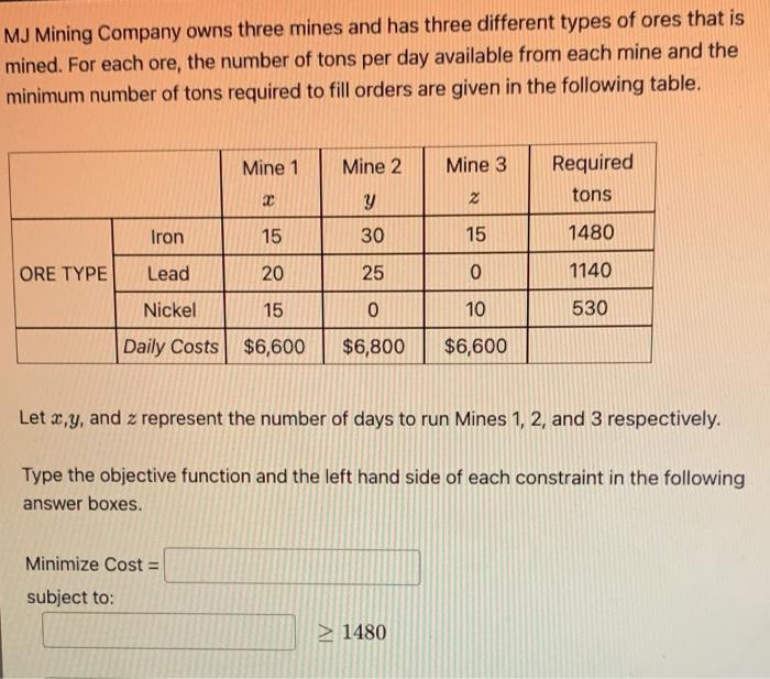 Mj Mining Company Owns Three Mines And Has Three Different Types Of Ores That Is Mined For Each Ore The Number Of Tons 1