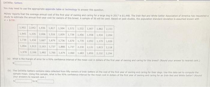 Datafile Setters You May Need To Use The Appropriate Appendix Table Or Technology To Answer This Question Money Report 1