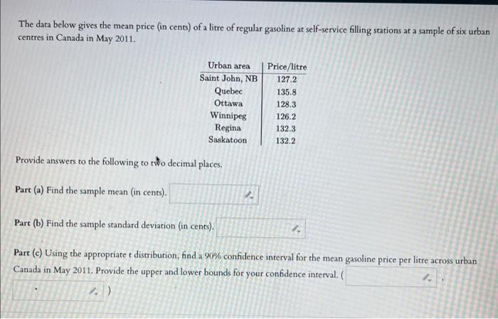 The Data Below Gives The Mean Price In Cents Of A Litre Of Regular Gasoline At Self Service Filling Stations At A Samp 1
