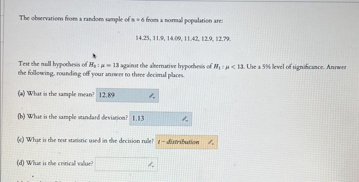 The Observations From A Random Sample Of N 6 From A Normal Population Are 14 25 11 9 14 09 11 42 12 9 12 79 Tes 1