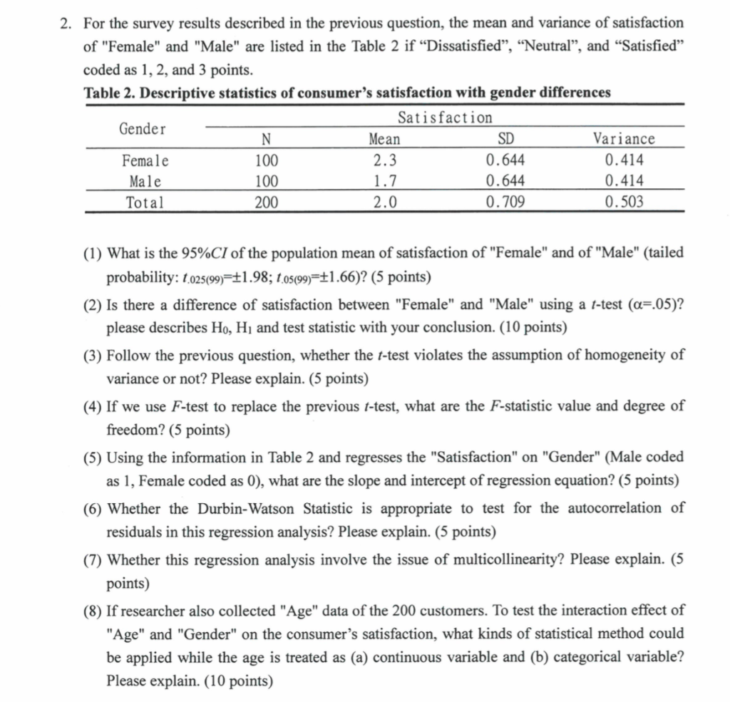 2 For The Survey Results Described In The Previous Question The Mean And Variance Of Satisfaction Of Female And Mal 1
