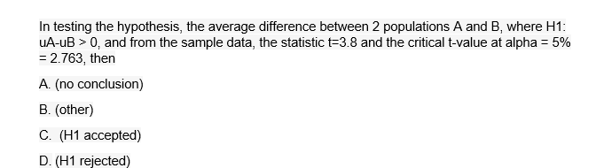 In Testing The Hypothesis The Average Difference Between 2 Populations A And B Where H1 Ua Ub 0 And From The Sampl 1