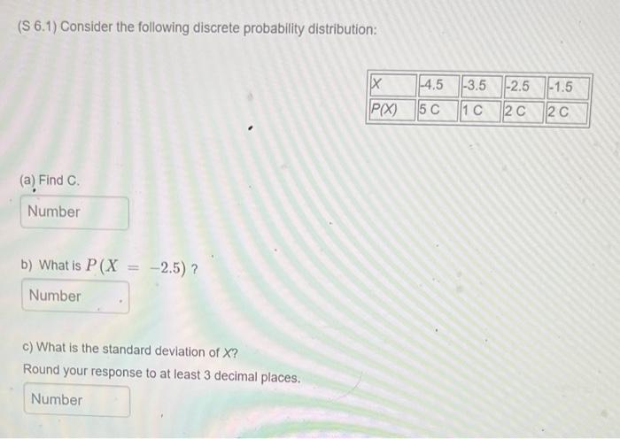 S 6 1 Consider The Following Discrete Probability Distribution A Find C Number B What Is P X 2 5 Number C W 1