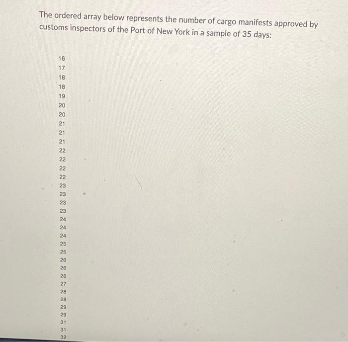 The Ordered Array Below Represents The Number Of Cargo Manifests Approved By Customs Inspectors Of The Port Of New York 1