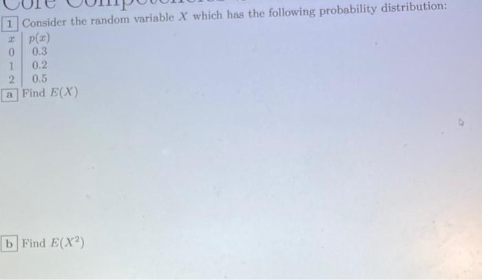 1 Consider The Random Variable X Which Has The Following Probability Distribution 0 3 1 0 2 2 0 5 A Find E X B Find E 1