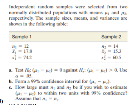 3 Independent Random Samples Were Selected From Two Normally Distributed Populations With Means And Respectively 1