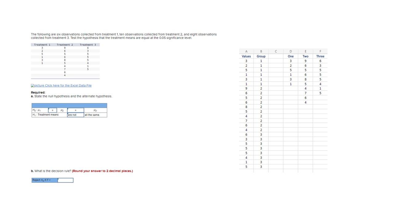 The Following Are Six Observations Collected From Treatment 1 Ten Observations Collected From Treatment 2 And Eight Ob 1