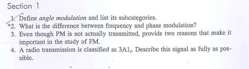 Section 1 1 Define Angle Modulation And List Its Subcategories 2 What Is The Difference Between Frequency And Phase 1