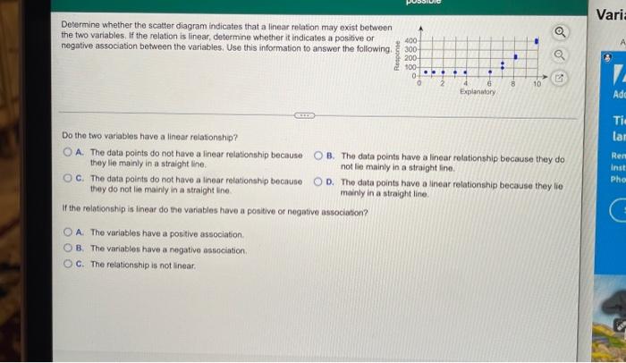 Determine Whether The Scatter Diagram Indicates That A Linear Relation May Exist Between The Two Variables If The Relat 1