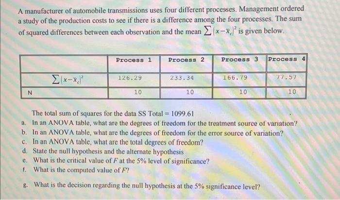 A Manufacturer Of Automobile Transmissions Uses Four Different Processes Management Ordered A Study Of The Production C 1