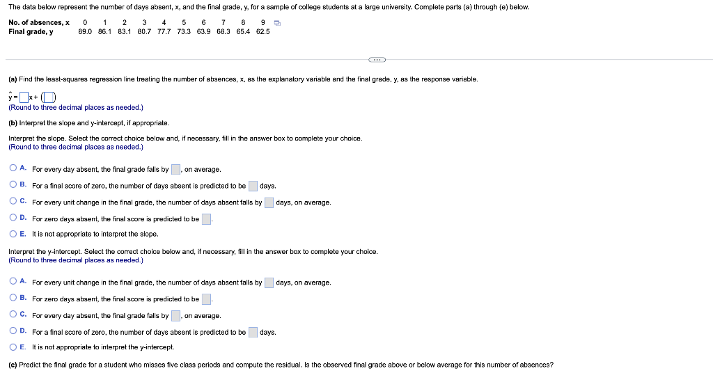 The Data Below Represent The Number Of Days Absent X And The Final Grade Y For A Sample Of College Students At A Lar 1