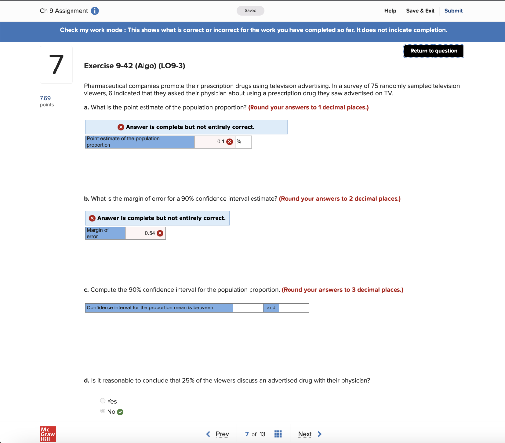 Ch 9 Assignment I 7 7 69 Points Mc Graw Hill Check My Work Mode This Shows What Is Correct Or Incorrect For The Work Yo 1