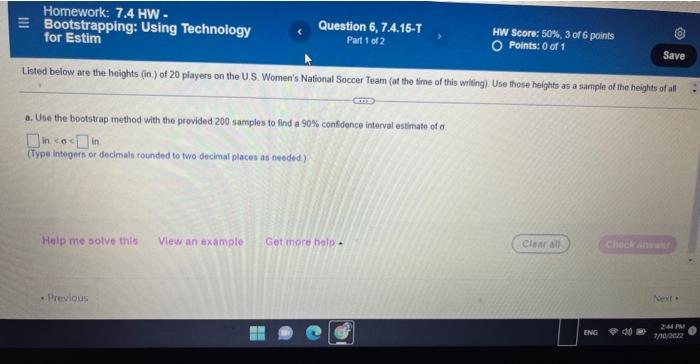 Homework 7 4 Hw Ebootstrapping For Estim Listed Below Are The Heights In Of 20 Players On The U S Women S Nationa 1
