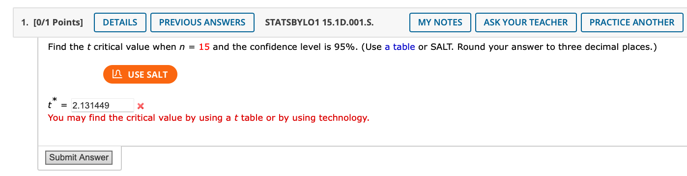 1 0 1 Points Find The T Critical Value When N 15 And The Confidence Level Is 95 Use A Table Or Salt Round Your 1