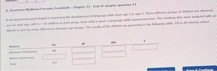 Attempts 6 Gravetter Wallnau Forzano Essentials Chapter 12 End Of Chapter Question 11 A Developmental Psychologist Is 1